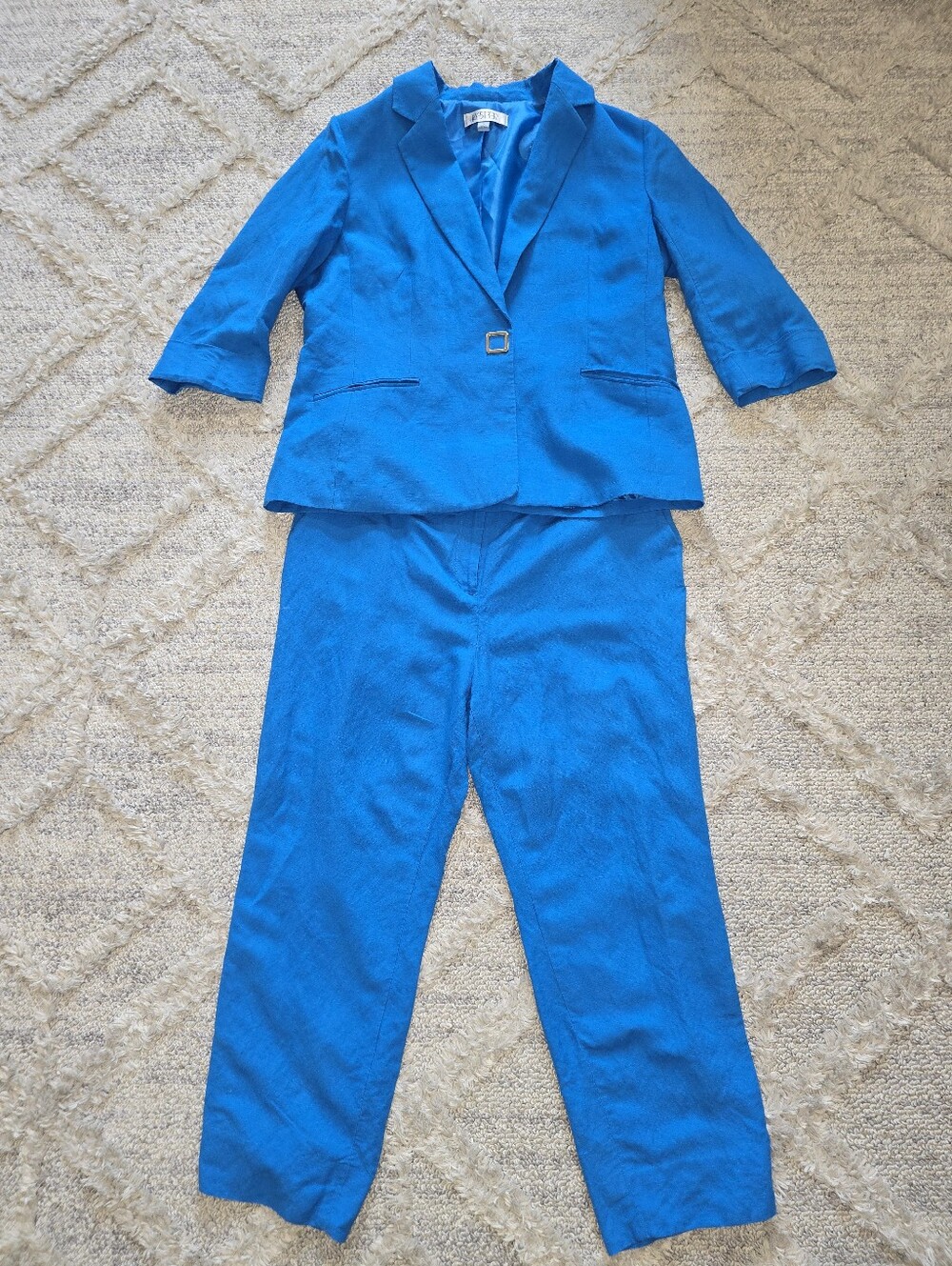 KASPER Blue Linen Blend Career Jacket Blazer Pant Suit Set Size 14 & 12P